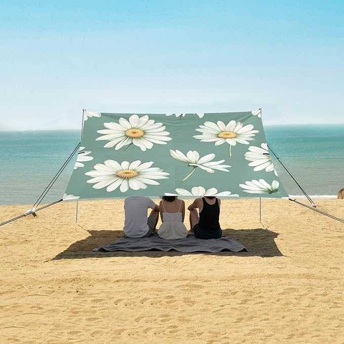 ALAZA Daisy Flowers Vintage Green Beach Tent Sun Shelter Portable Canopy Sunshade for Outdoor Camping Picnics Backyard Fun 10x9 ft