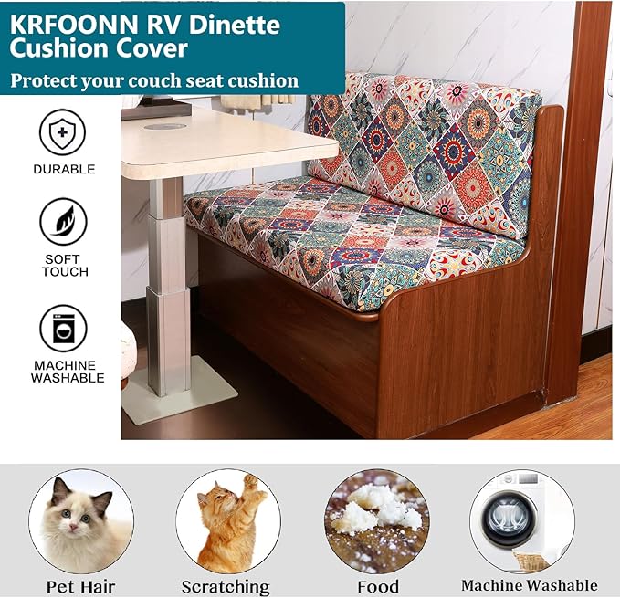 KRFOONN RV Dinette Cushion Covers - Stretch Camper Cushions - Replacement Couch Cushion Slipcovers - Washable Loveseat Slipcovers - Travel Trailer Couch - Includes 2 Backrest &amp 2 Bench Covers