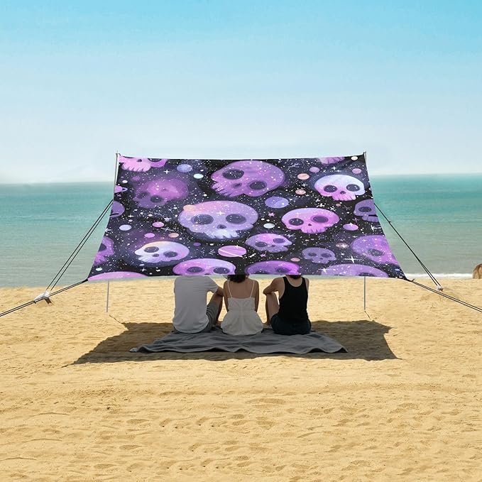 ALAZA Purple Skull Starry Beach Tent Sun Shelter UPF50+ Protection Beach Shade Canopy w/ 4 Sandbags for Outdoor Camping Fishing Backyard Fun Picnic 10x9 ft