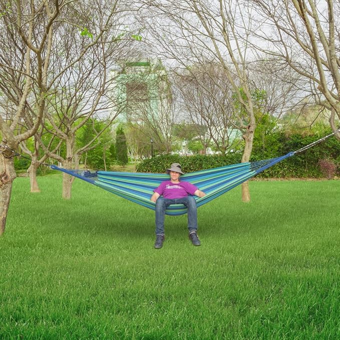 ONCLOUD Extra Long and Wide Double Hammock for Travel Camping Backyard Porch Outdoor or Indoor Use Carrying Pouch Included (Blue/Green Stripes)