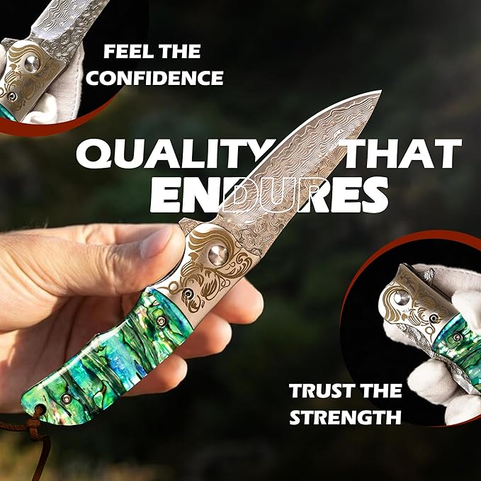MINI.KATANA Unleash Damascus Pocket Knife - 67-layer VG10 Steel Damascus Folding Knife with Clip Leather Sheath - High Carbon Steel Pocket Knife for Men - Handmade Sharp and Durable