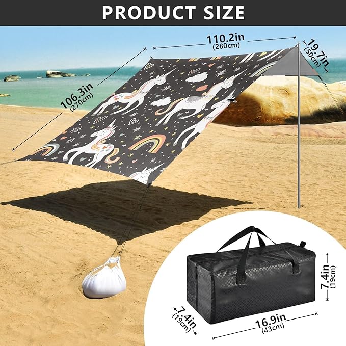ALAZA White Unicorns Rainbows Pattern Beach Tent Sun Shelter Portable Canopy Sunshade for Outdoor Camping Picnics Backyard Fun 10x9 ft