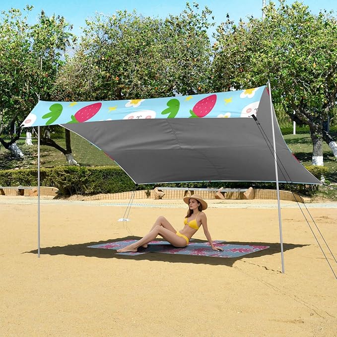 xigua Rabbit Beach Tent Sun Shelter with Carrying Bag - Silver Coated Oxford Fabric Beach Canopy for Beach Camping Fishing - Includes Windproof Ropes Sandbags &amp Stakes