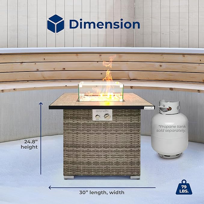 SereneLife Outdoor Propane Fire Pit Table 50000 BTU CSA ETL Certified Square Wicker Gas Fire Table with Tile Top Adjustable Flame Decorative Glass Rocks Weather-Resistant for Patio or Backyard