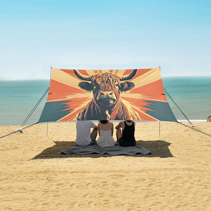 Retro Highland Cattle Beach Tent Sun Shelter Set UPF50+ UV Protection 10.5 x 9.19 FT Camping Shade Canopy with Sandbags Sand Anchors Carrying Bag and Others