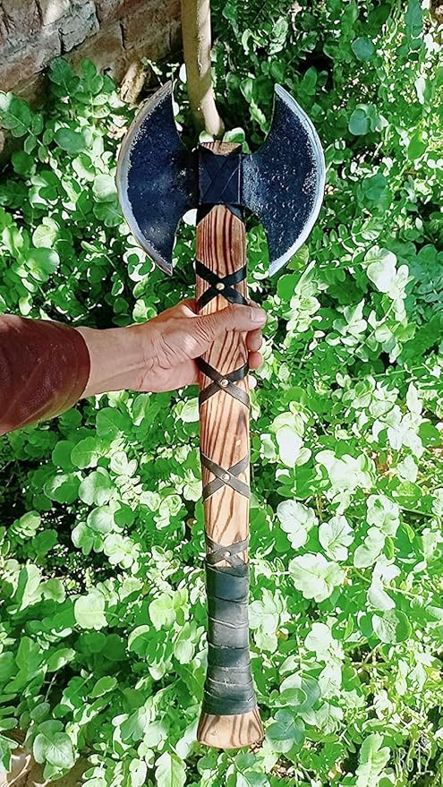 AXE013AM FS Crafts 24.00 Custom Handmade Double Blade Viking Axe Hand Forged Carbon Steel Hunting Axe Hatchet with Leather Sheath Gorgeous Wood Handle Outdoors Fishing Camping Knife
