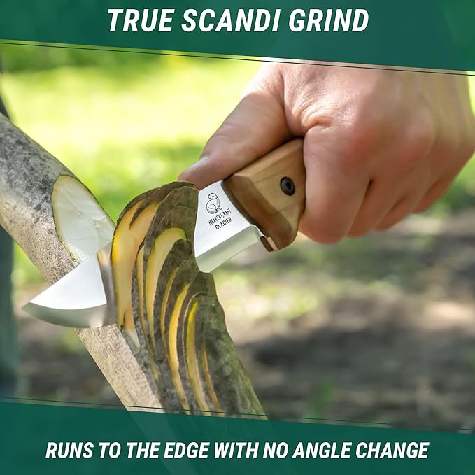 BeaverCraft Bushcraft Knife Full Tang Fixed Blade for Camping &amp Hiking – Bush Knife Carbon Steel Blade with Leather Sheath – Camp Outdoor Knives Scandi Grind BSH2 Glacier