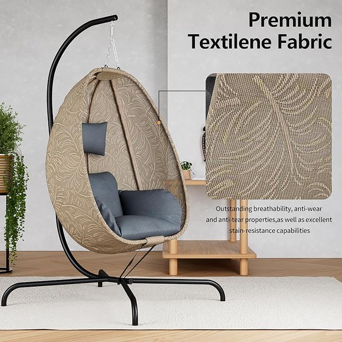 ALAULM Foldable Egg Chair with Stand 485LBS Capacity Textilene Hammock Swing Chair for Outdoor &amp Indoor Hanging Chair with Strong Frame &amp UV Resistant Cushion for Balcony Bedroom Light Gra