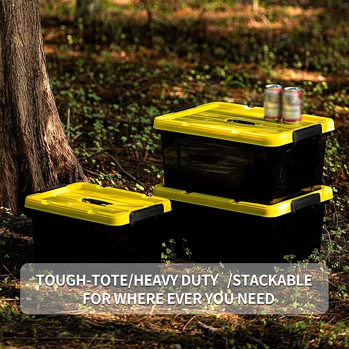 95Qt*4 Durabilt Flip Lid Stackable Heavy Duty Tough Storage Container Tote Plastic Storage Bins Storage Box Black Base with Yellow Lid (4 Pack)