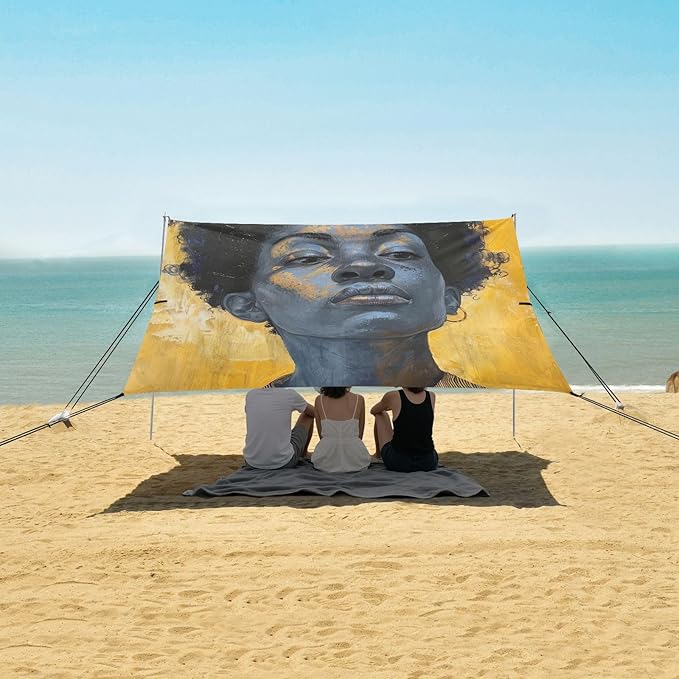 ALAZA African American Painting Beach Tent Sun Shelter UPF50+ Protection Beach Shade Canopy w/ 4 Sandbags for Outdoor Camping Fishing Backyard Fun Picnic 10x9 ft