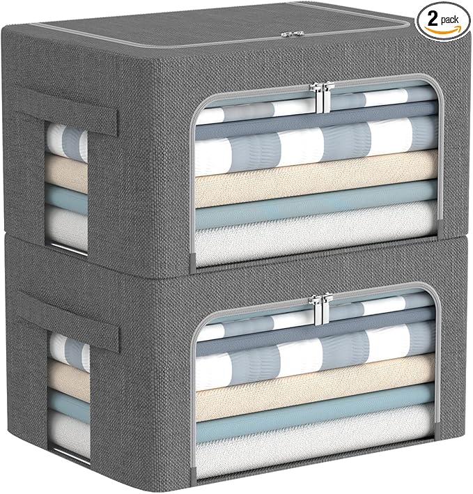 Clothes Storage Bins Box - Linen Fabric Foldable Stackable Container Organizer Set with Clear Window &amp Carry Handles &amp Metal Frame - 2Pack Large Capacity for Bedding Blankets Books