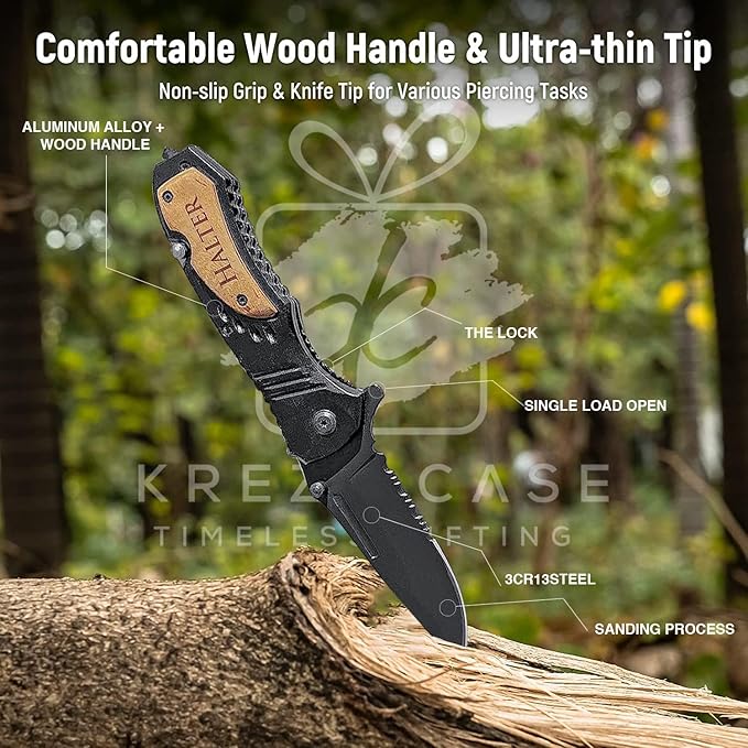 Premium Laser Engraved Folding Pocket Knife Wooden Handle and Gift Box Foldable Camping Knife for Dad Fathers Day