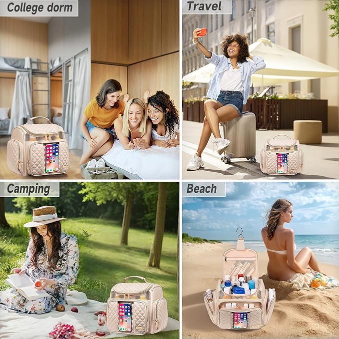 Large Leather Toiletry Bag for Women MenBathroom BagWater Resistant Shower BagMakeup BagPortable Shower Caddy for College DormHanging Travel Toiletry Bag with Transparent Waterproof Phone Pocket