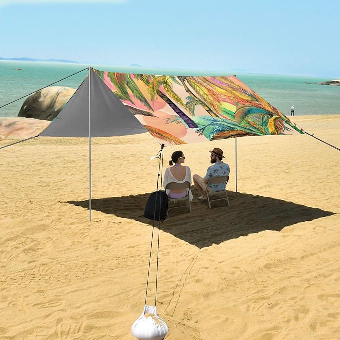 Beach Canopy with Windproof Ropes &amp Sandbags Beach Tent Sun Shade Sun Shelter for Camping Trips Fishing Backyard Fun or Picnics Palm Tree