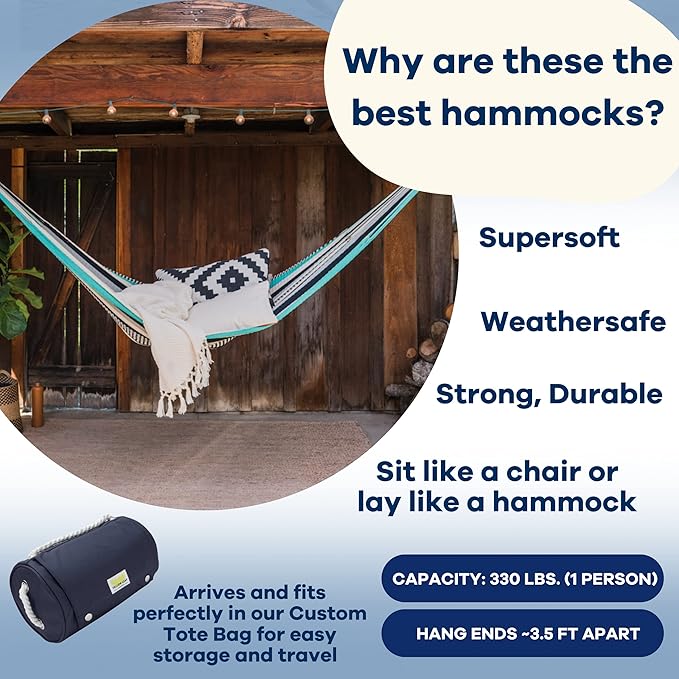 Handwoven Hanging Chair by Yellow Leaf Hammocks - Fits 1 Person 330lb Max - Kick Back for Full-Body Recline - Weathersafe Ultra Soft Hang Anywhere - Color: Turquoise - Black -White