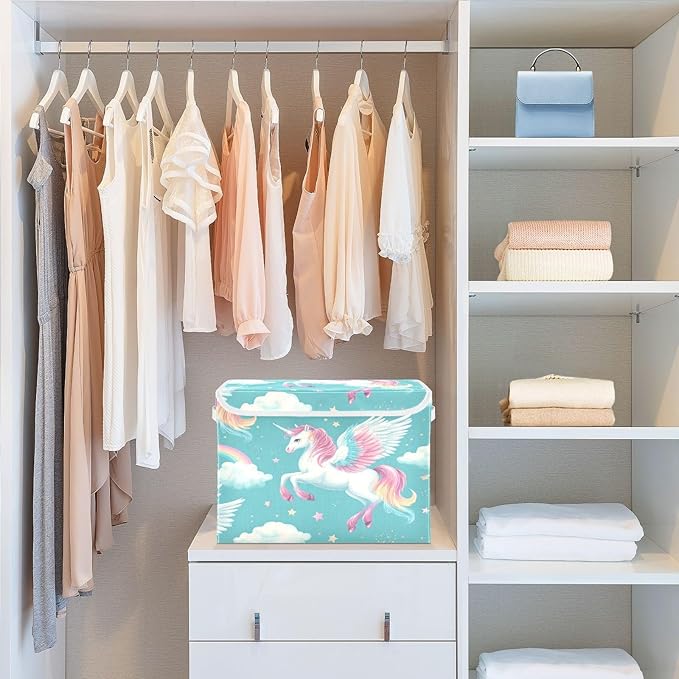 Cartoon Unicorns Rainbow Star Collapsible Storage Bins with Lids Decorative Fabric Cubes Closet Organizer Basket Boxes Containers for Clothes Box Chest Folding Rectangle