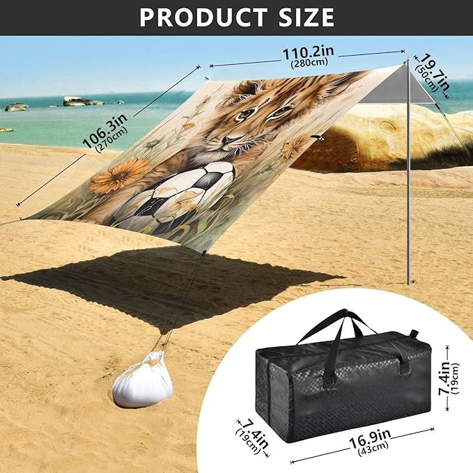 ALAZA Cute Lion Baby Beach Tent Sun Shelter UPF50+ Protection Beach Shade Canopy w/ 4 Sandbags for Outdoor Camping Fishing Backyard Fun Picnic 10x9 ft