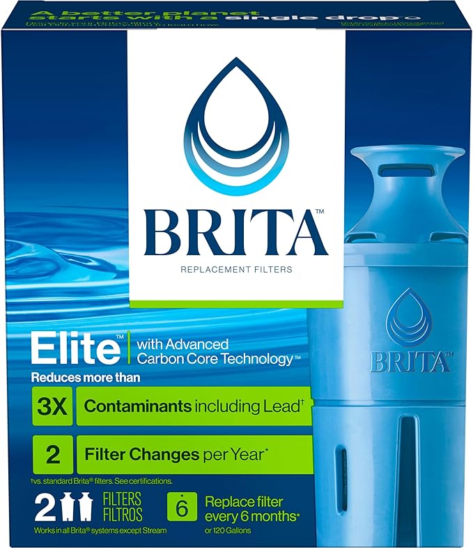 Brita Filter Replacements for Water Pitchers and Dispensers Elite NSF Certified to Remove 99% of Lead 2 Count Blue