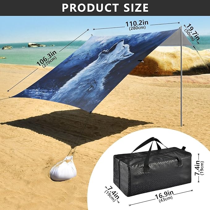 ALAZA Wolf Howling at Night Beach Tent Sun Shelter UPF50+ Protection Beach Shade Canopy w/ 4 Sandbags for Outdoor Camping Fishing Backyard Fun Picnic 10x9 ft