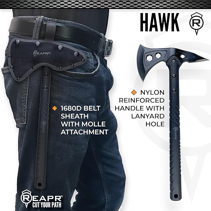 Reapr Tactical Hawk 7 Dual-Blade Throwing Axe – Survival Tomahawk with Spike &amp Axe Head Stainless Steel Nylon-Fiberglass Handle Belt Sheath – Camping Hunting Wood Splitting Gift for Outdoor
