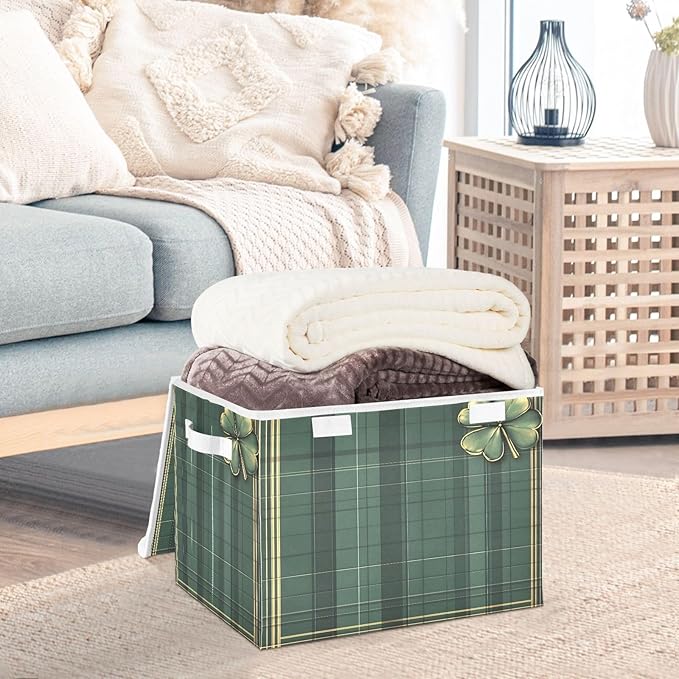 Christmas Storage Baskets with Lids Green Plaid Clover Collapsible Bins Stackable Fabric Linen Baskets Closet Organizer Container 16.5x12.6x11.8