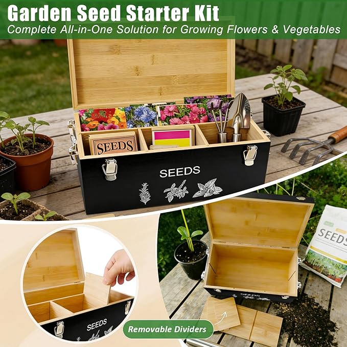 Natural Bamboo Seed Storage Organizer Box – Large Seeds Saver Kit Included Stainless Steel Garden Tools 20 Seed Envelopes 10 Wooden Plant Labels Mark Pen &amp 3 Color Stickers