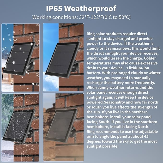 Solar Panel for Ring Camera(2nd Generation) Dustproof Waterproof 5W Solar Panel with 10FT/3M Long Cable for Stick Up &amp Pro Spotlight Cam Battery for Security Camera 3 Pack-BK