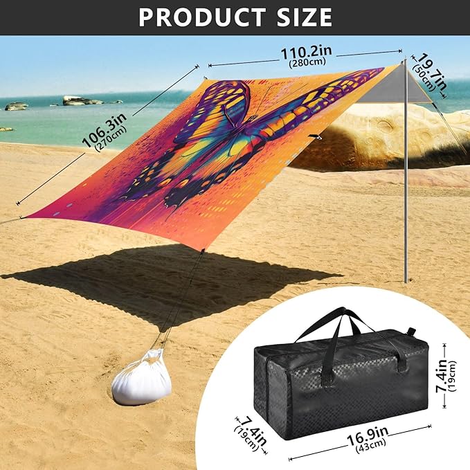 Orange Butterfly Beach Tent Sun Shelter Set UPF50+ UV Protection 10.5 x 9.19 FT Camping Shade Canopy with Sandbags Sand Anchors Carrying Bag and Others