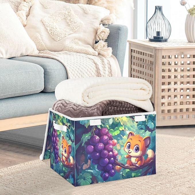 Collapsible Storage Bins with Lids Decorative Fabric Storage Cubes Closet Organizer and Storage Basket Boxes Containers for Clothes Box Chest Nursery Folding Rectangle Cute Grape Fox
