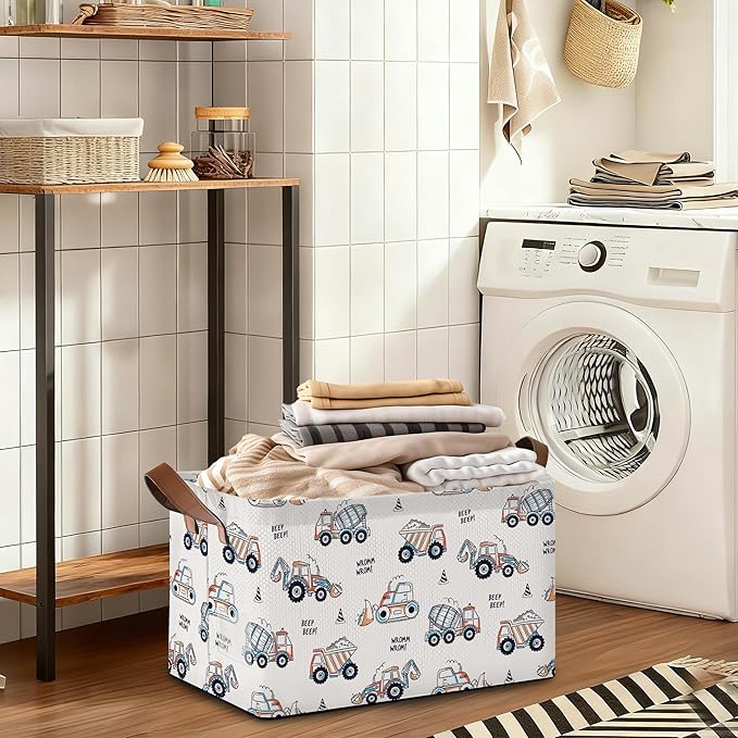 Storage Bin with Handles Cute Car Excavator Collapsible Laundry Baskets for Books Laundry - Use in Nursery Closet Organizers and Storage Blanket Basket
