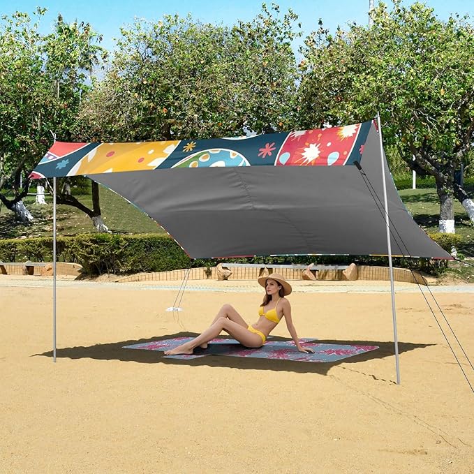 Easter Eggs with Flowers Beach Tent Sun Shelter Set UPF50+ UV Protection 10.5 x 9.19 FT Camping Shade Canopy with Sandbags Sand Anchors Carrying Bag and Others