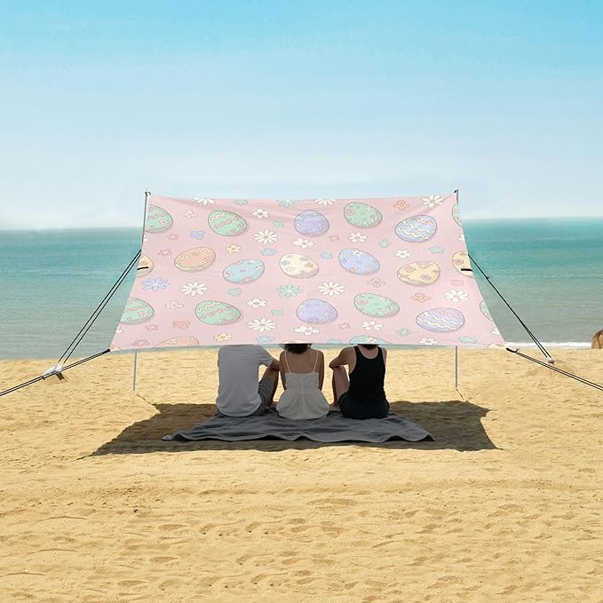Easter Egg Beach Canopy Sun Shelter with Sandbags &amp Sand Shovel &amp Windproof Ropes - Portable 110x126 Beach Shade Beach Tent for Camping Picnics