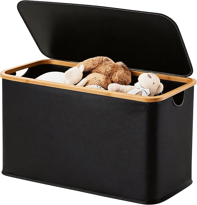 Storage Basket with Lid and Handles 135L Fabric Bin with Divider for Shelf Closet Toy Organization Collapsible Storage Organizer for Home Black