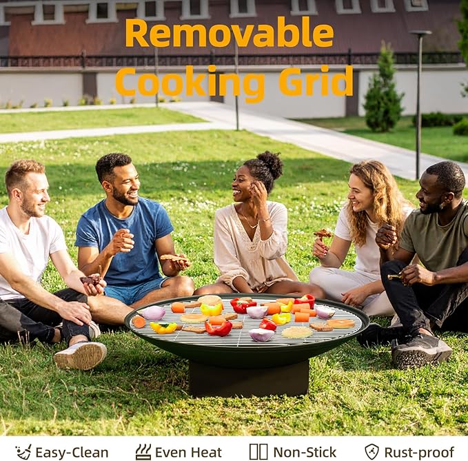 32 Inch Fire Pit for Outside Outdoor Wood Burning Fire Pit Table with Grill &amp Cover Lid Large Portable Firepit for Backyard Patio Camping