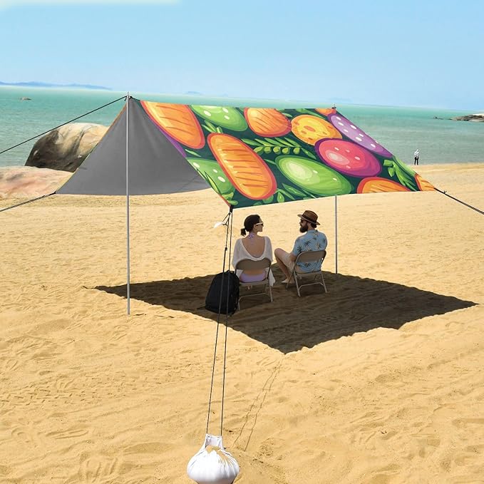 Easter Eggs Carrots Beach Tent Sun Shelter Set UPF50+ UV Protection 10.5 x 9.19 FT Camping Shade Canopy with Sandbags Sand Anchors Carrying Bag and Others
