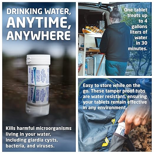Aquatabs Water Purification Tablets (397mg 100 Pack). Water Filtration System for Camping Boating Emergency Water Survival Kit and Marine. Easy-to-Use Water Purifier Treatment.