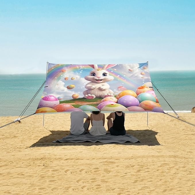 Rainbow Easter Bunny Beach Tent Sun Shelter Set UPF50+ UV Protection 10.5 x 9.19 FT Camping Shade Canopy with Sandbags Sand Anchors Carrying Bag and Others