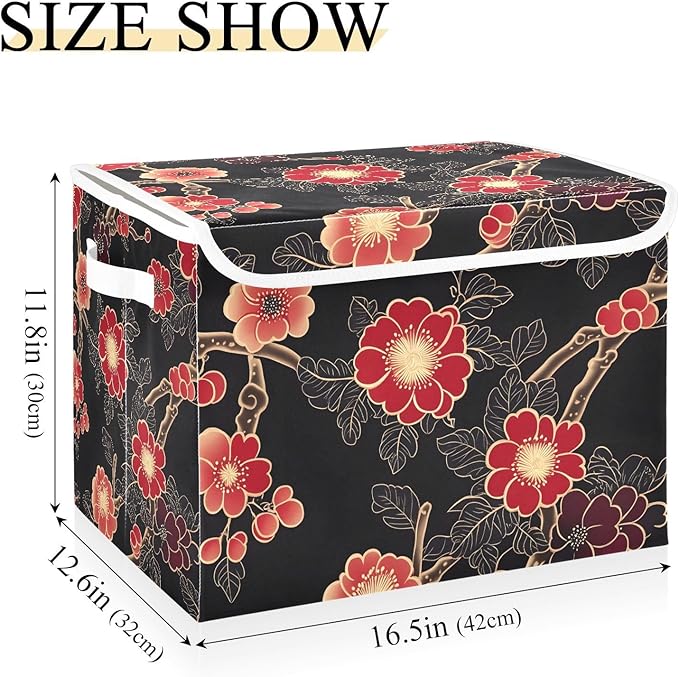Storage Cube with Lid Chinese Flowers Print 16.5×12.6×11.8 IN 1 Pack Collapsible Large Capacity Foldable Storage Basket Bin Organizer