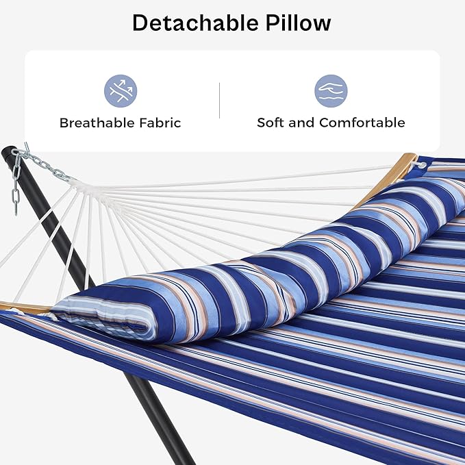 SUPERJARE Hammock with Stand 2 Person Heavy Duty Hammock with Padded Cotton Detachable Pillow &amp Strong Curved-Bar &amp Portable Carrying Bag Perfect for Outdoor &amp Indoor Navy Blue Stripe