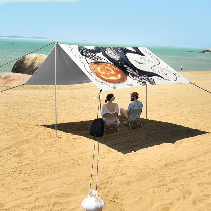 ALAZA Pumpkin Skull Skeleton Halloween Beach Tent Sun Shelter UPF50+ Protection Beach Shade Canopy w/ 4 Sandbags for Outdoor Camping Fishing Backyard Fun Picnic 10x9 ft