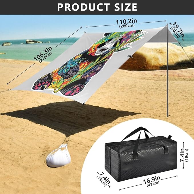 ALAZA Panda Boho Beach Tent Sun Shelter UPF50+ Protection Beach Shade Canopy w/ 4 Sandbags for Outdoor Camping Fishing Backyard Fun Picnic 10x9 ft