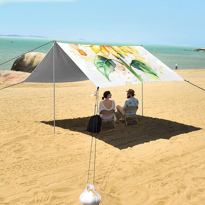 ALAZA Yellow Sunflower Watercolor Beach Tent Sun Shelter UPF50+ Protection Beach Shade Canopy w/ 4 Sandbags for Outdoor Camping Fishing Backyard Fun Picnic 10x9 ft