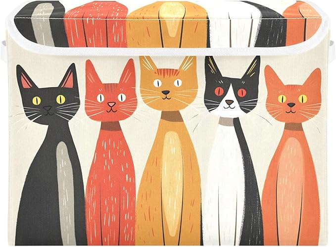 Abstract Cartoon Cat Storage Cube Bins Basket with Lid Collapsible Flip-top Fabric with Handle for Home Bedroom Closet Office 16.5×12.6×11.8 in