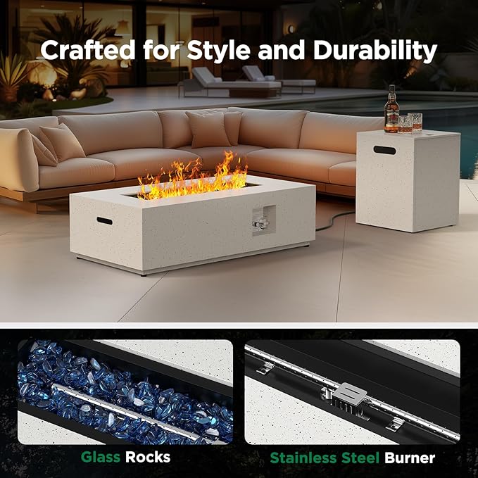 Silonn 43Inch Propane Fire Pit 50000 BTU Outdoor Gas Fire Pit Table with CSA Certification Glass Rocks Rectangular Heater for Patio Backyard Deck Balcony with Waterproof Cover &amp Adjustable