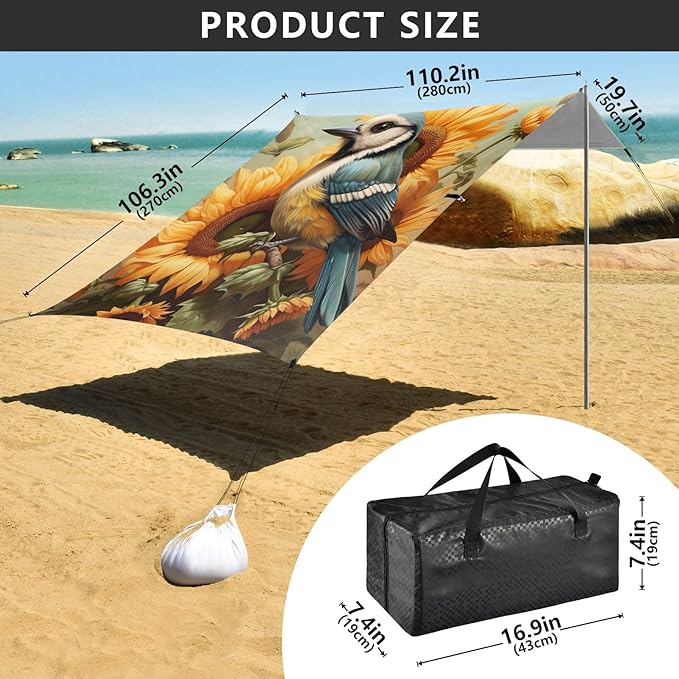ALAZA Sunflower Bird Titmouse Beach Tent Sun Shelter Portable Canopy Sunshade for Outdoor Camping Picnics Backyard Fun 10x9 ft