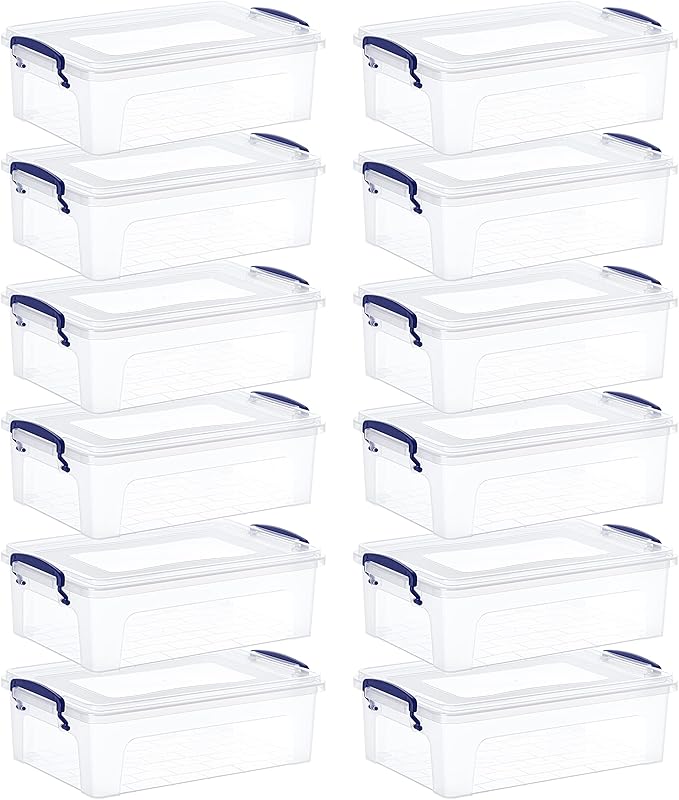 Superio Clear Storage Boxes with Lids Plastic Container Bins for Organizing Stackable Crates BPA Free Non Toxic Odor Free Organizers for Home Office School and Dorm (22 Quart 12 Pack)