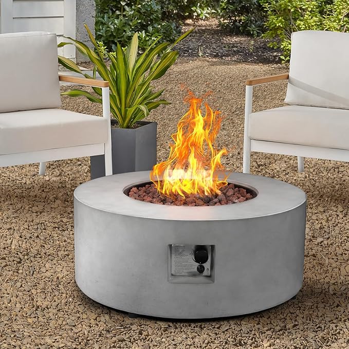 36-inch Outdoor Propane Fire Pit Table 50000 BTU Natural Gas Firepit Round Concrete Fire Table with Steel Lid Natural Gas Orifice Lava Rocks Rain Cover for Outside Patio Deck Backyard