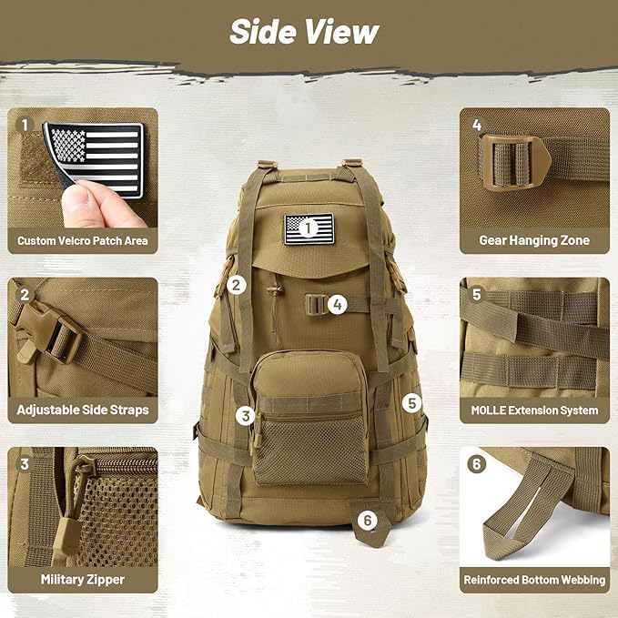 50L Tactical Backpack for Men and Women Water-Resistant Molle Rucksack Large Military Assault Pack for Hiking Hunting Camping Gym &amp Outdoor Survival Khaki