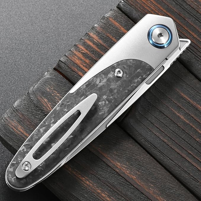 Sitivien ST992 Folding Pocket KnifeHandmade M390 Pearlescent Brushed Steel BladeTitanium Carbon Fiber Handle EDC Tool Knife for Outdoor CampingHikingSurvivalHunting(Gray)