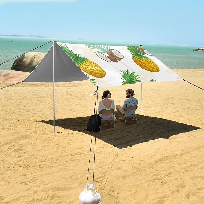Beach Canopy with Windproof Ropes &amp Sandbags Beach Tent Sun Shade Sun Shelter for Camping Trips Fishing Backyard Fun or Picnics Pineapple and Coconut